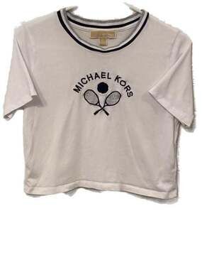 Michael Kors Women's White Tennis Racket Embroidered Crop T-Shirt